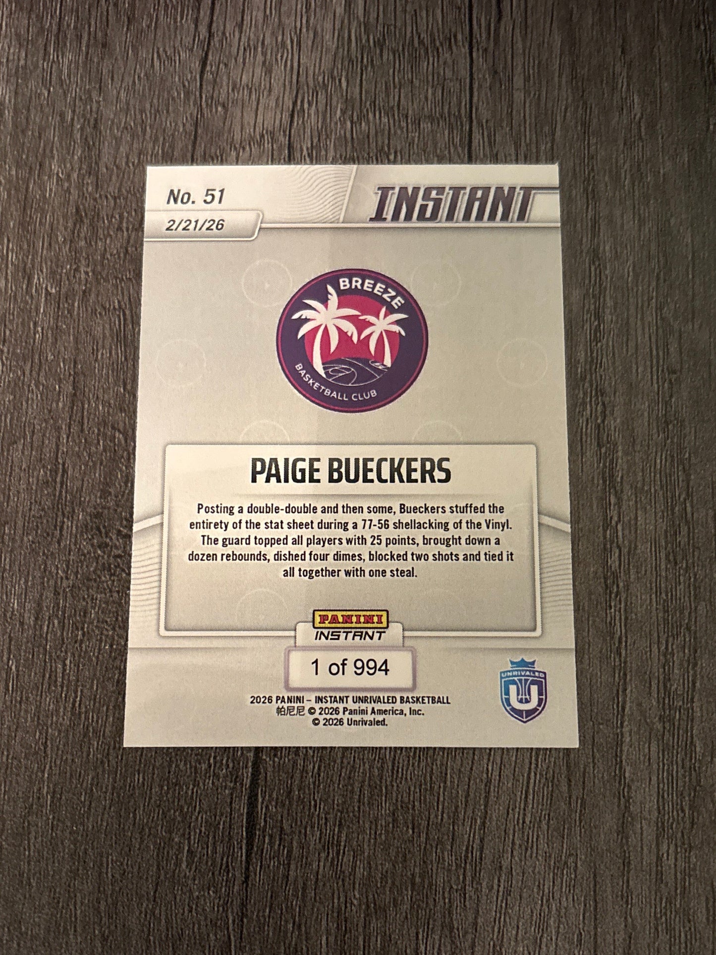 Paige Bueckers - 2026 Panini Instant WNBA Card *Limited Edition* Unrivaled (card #51) Breeze Basketball Club