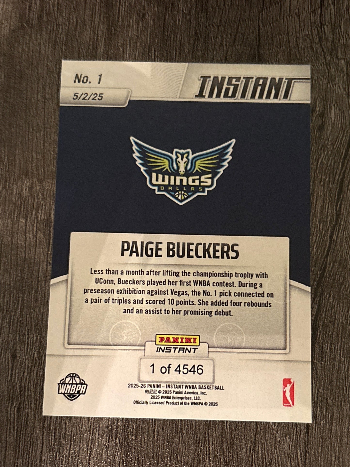 WNBA - Paige Bueckers (RC) - 2025 Panini Instant Rookie Card - Limited Edition - WNBA Dallas Wings