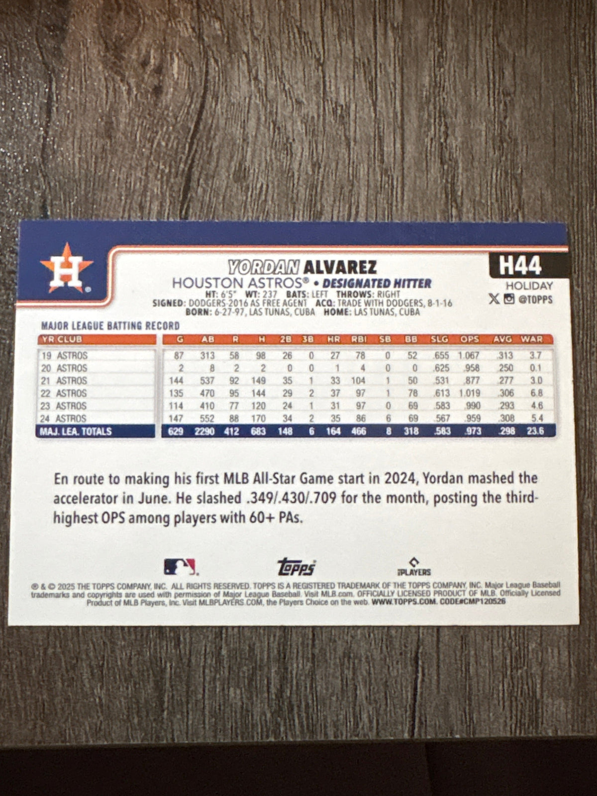 MLB - Yordan Alvarez - 2025 Topps Holiday - #H44 MLB Baseball Card [Houston Astros]