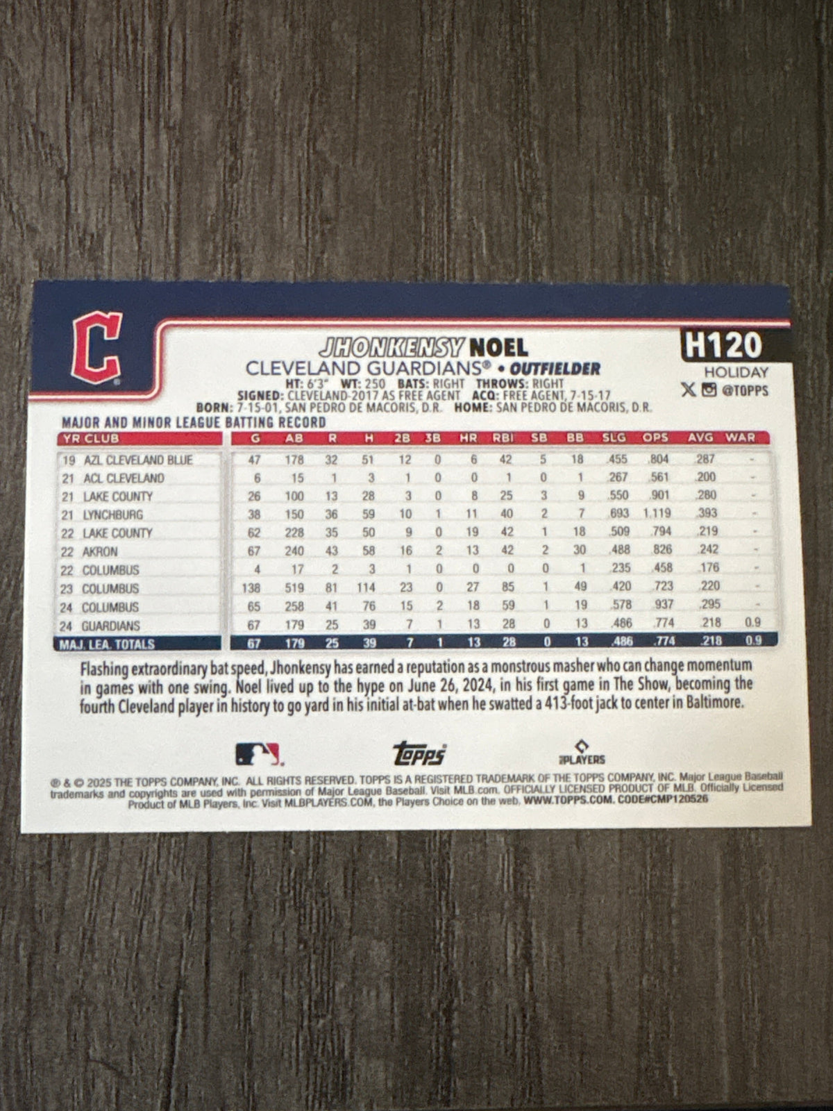 MLB - Jhonkensy Noel (RC) - 2025 Topps Holiday - #H120 MLB Baseball Card [Cleveland Guardians] Rookie