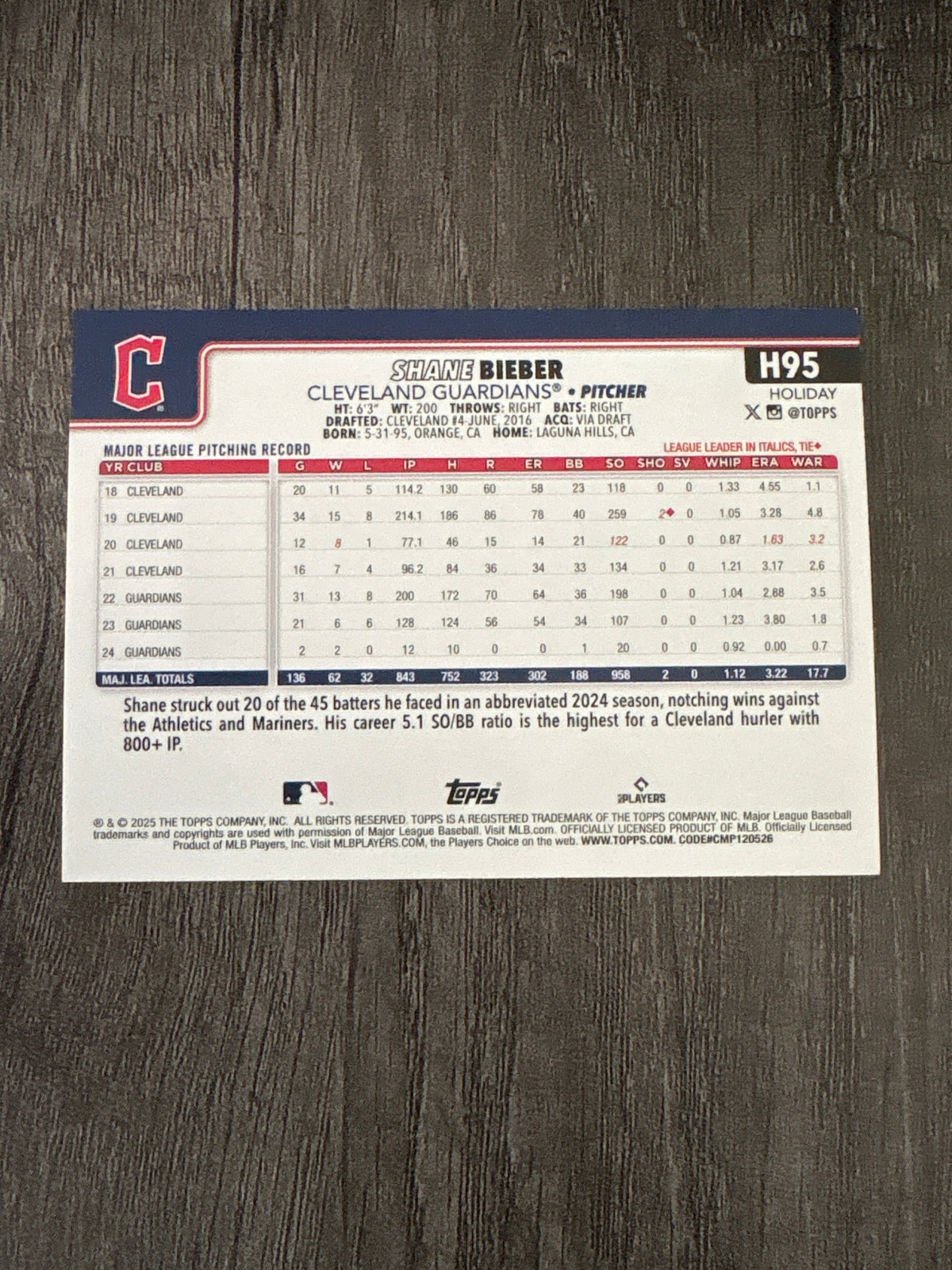 MLB - Shane Bieber - 2025 Topps Holiday - #H95 MLB Baseball Card [Cleveland Guardians]