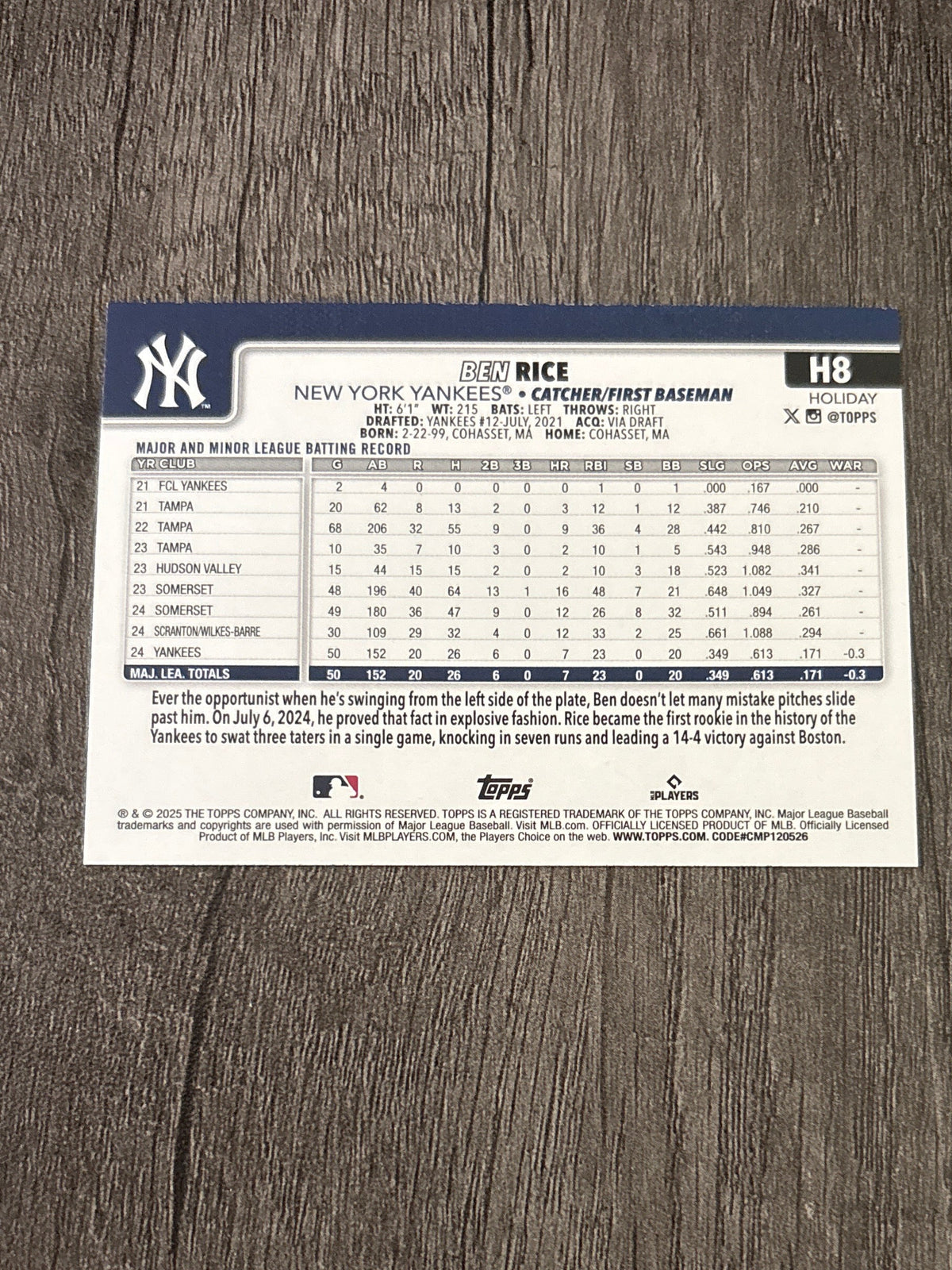 MLB - Ben Rice (RC) - 2025 Topps Holiday - #H8 MLB Baseball Card [New York Yankees] Rookie