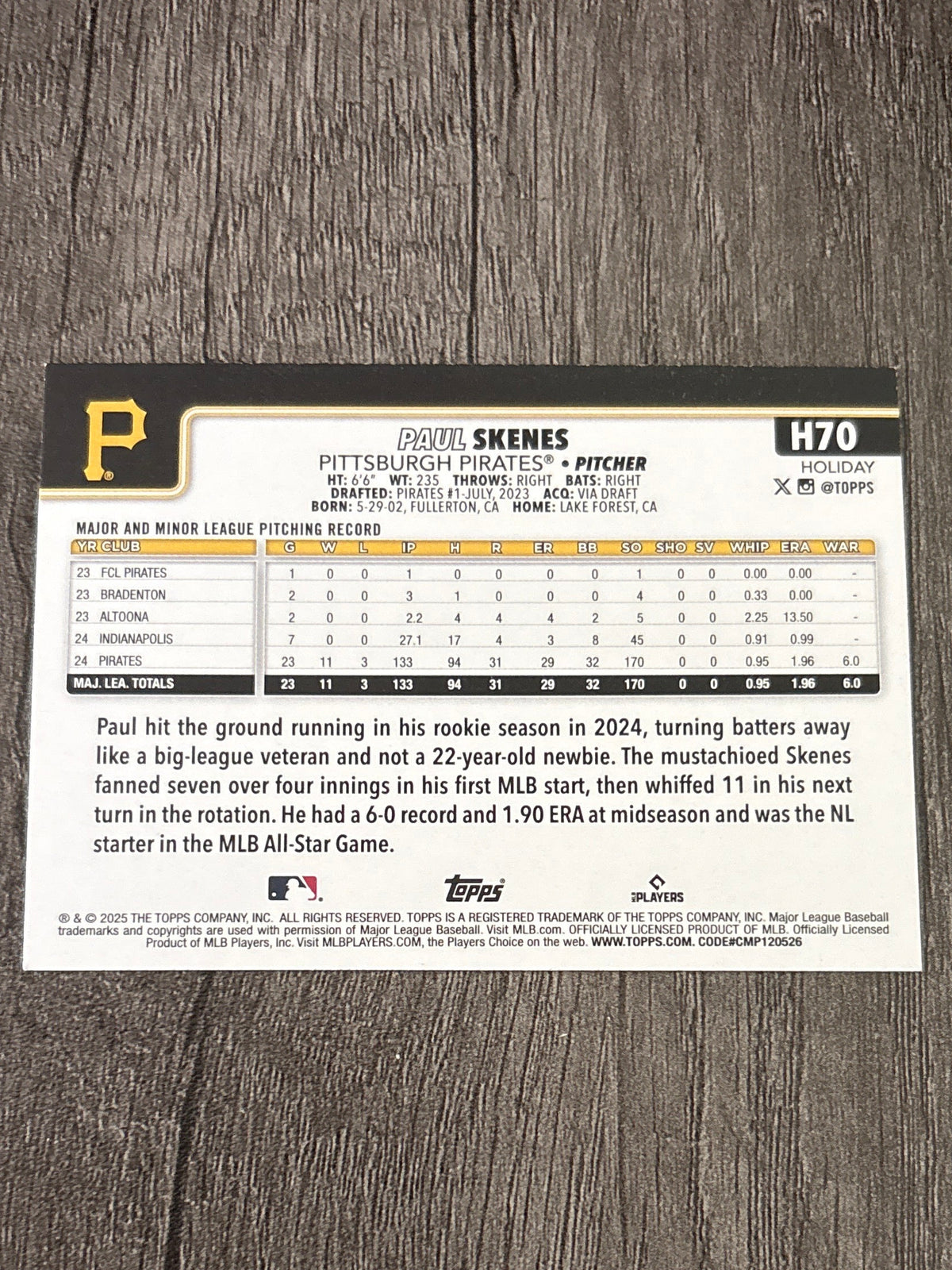 MLB - Paul Skenes - 2025 Topps Holiday - #H70 MLB Baseball Card [Pittsburgh Pirates] All-Star Rookie Trophy