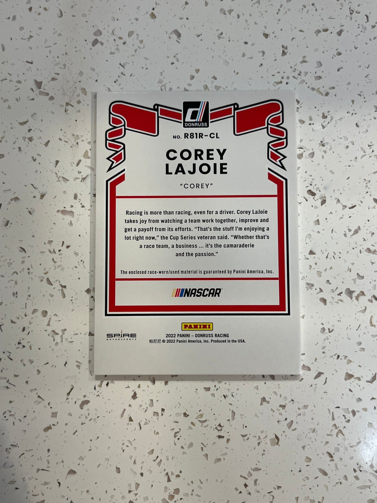 Corey Lajoie - 2022 Donruss Racing NASCAR (RETRO RELIC Card) Race Day Used Tire