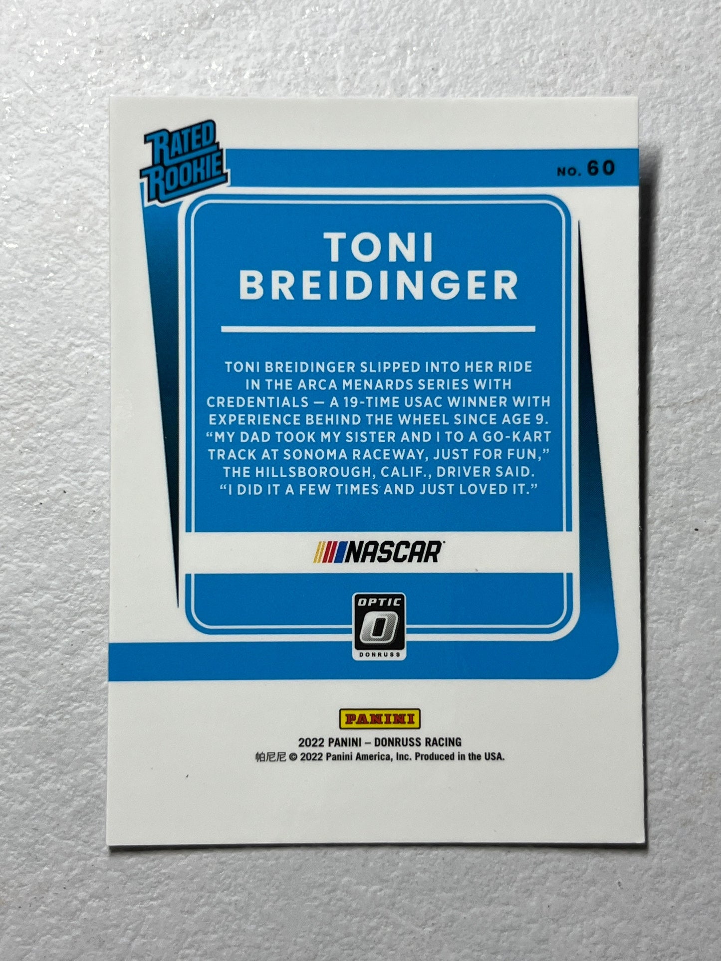 Toni Breidinger - 2022 Optic Donruss Racing NASCAR RATED ROOKIE card