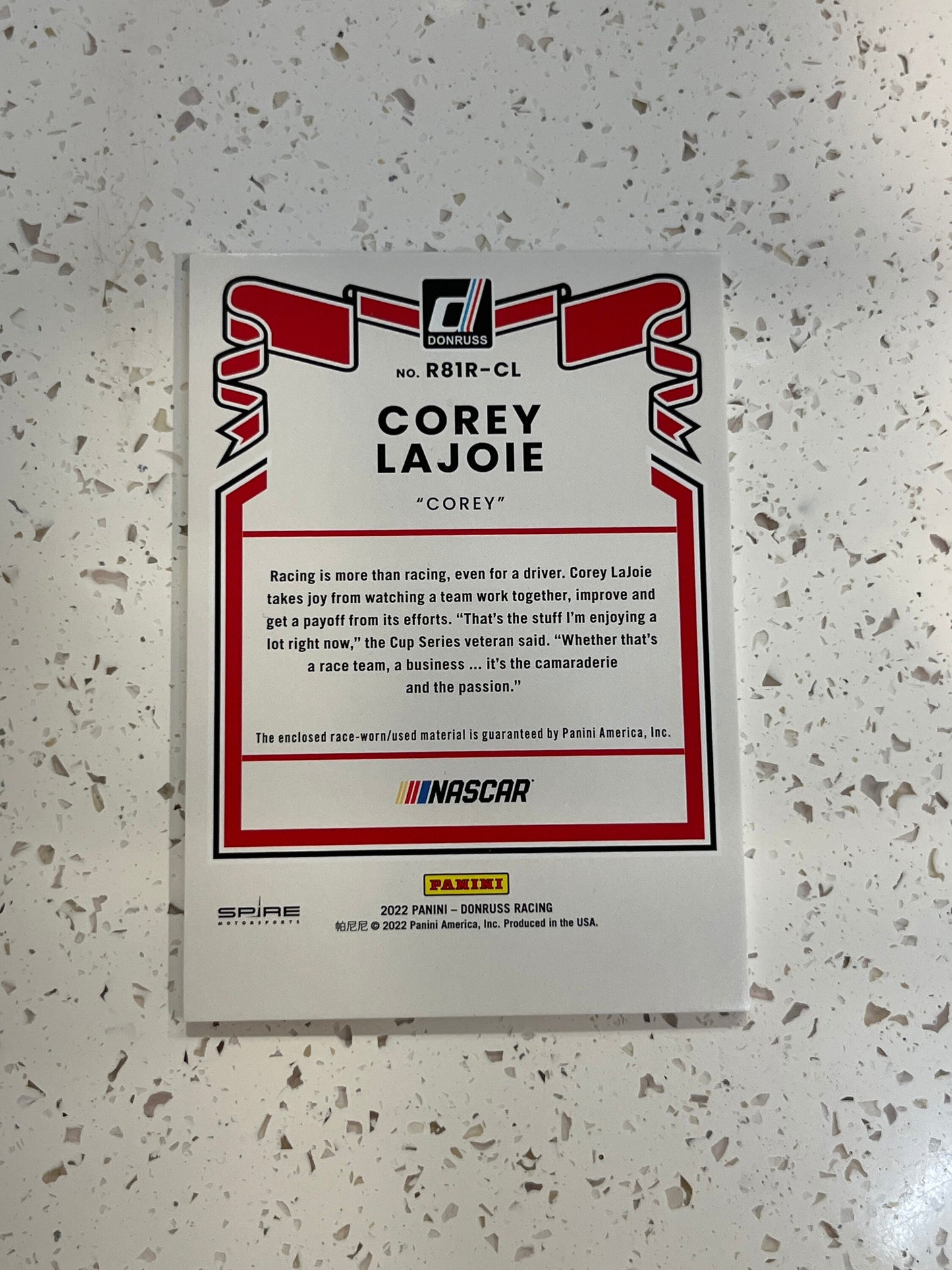 Corey Lajoie - 2022 Donruss Racing NASCAR (RETRO RELIC Card) Race Day Used Tire