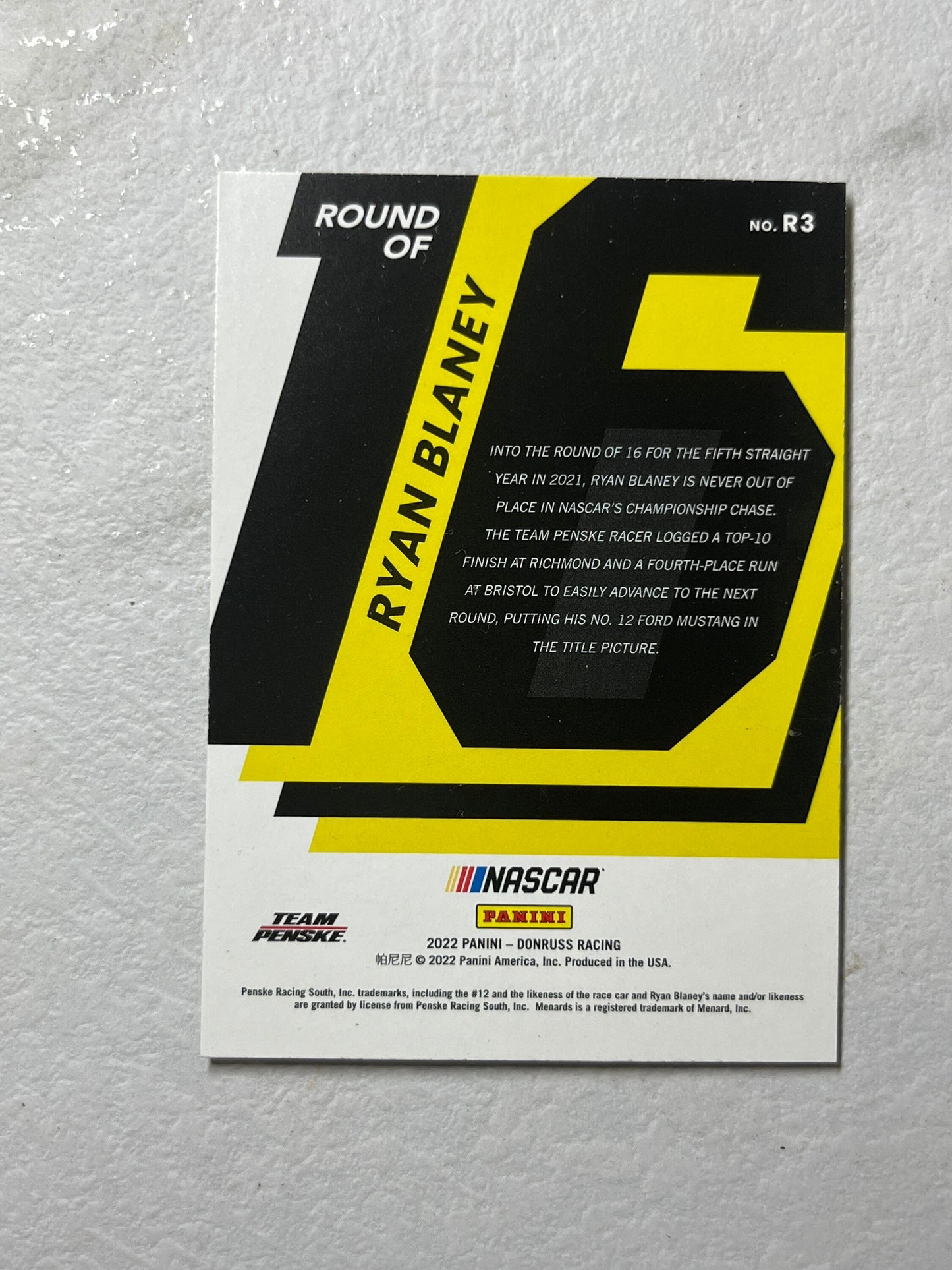 Ryan Blaney - 2022 Donruss Racing Round of 16 insert card NASCAR holo