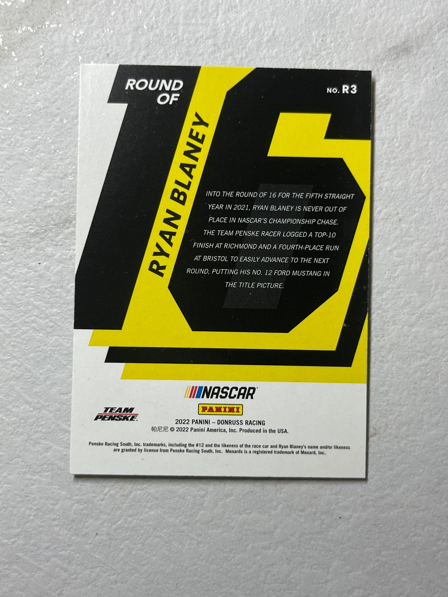 Ryan Blaney - 2022 Donruss Racing Round of 16 insert card NASCAR holo