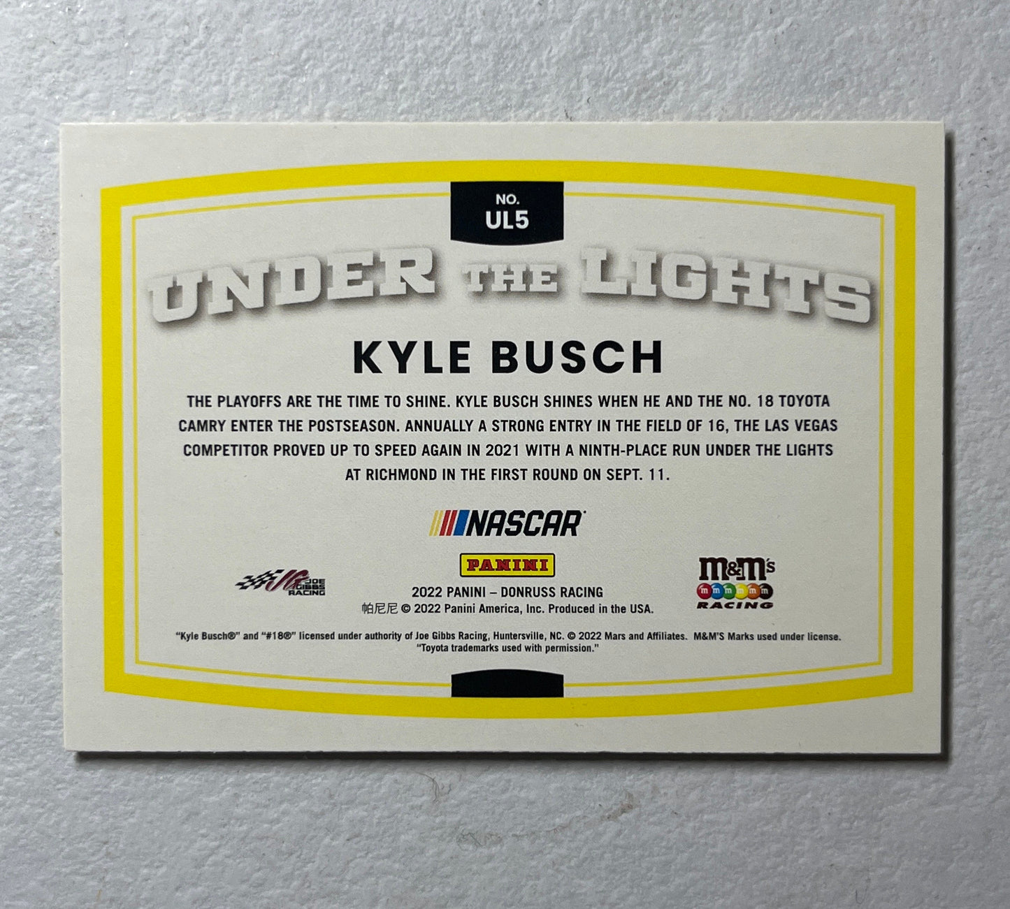 Kyle Busch - 2022 Donruss Racing NASCAR Under the Lights bronze paper insert card