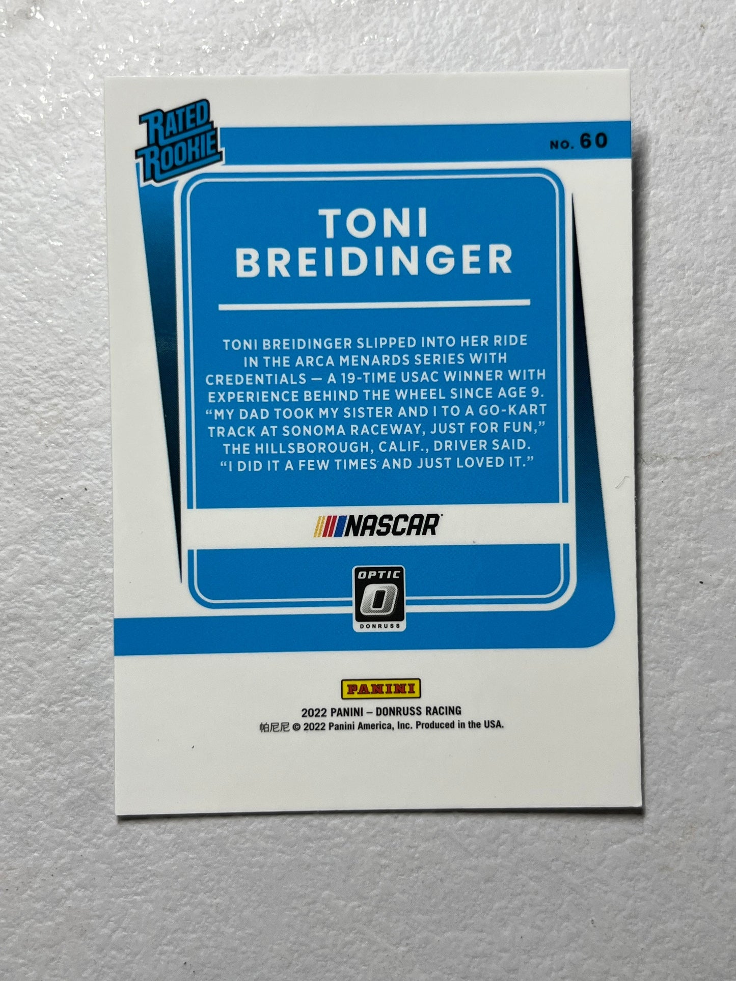 Toni Breidinger - 2022 Optic Donruss Racing NASCAR RATED ROOKIE card