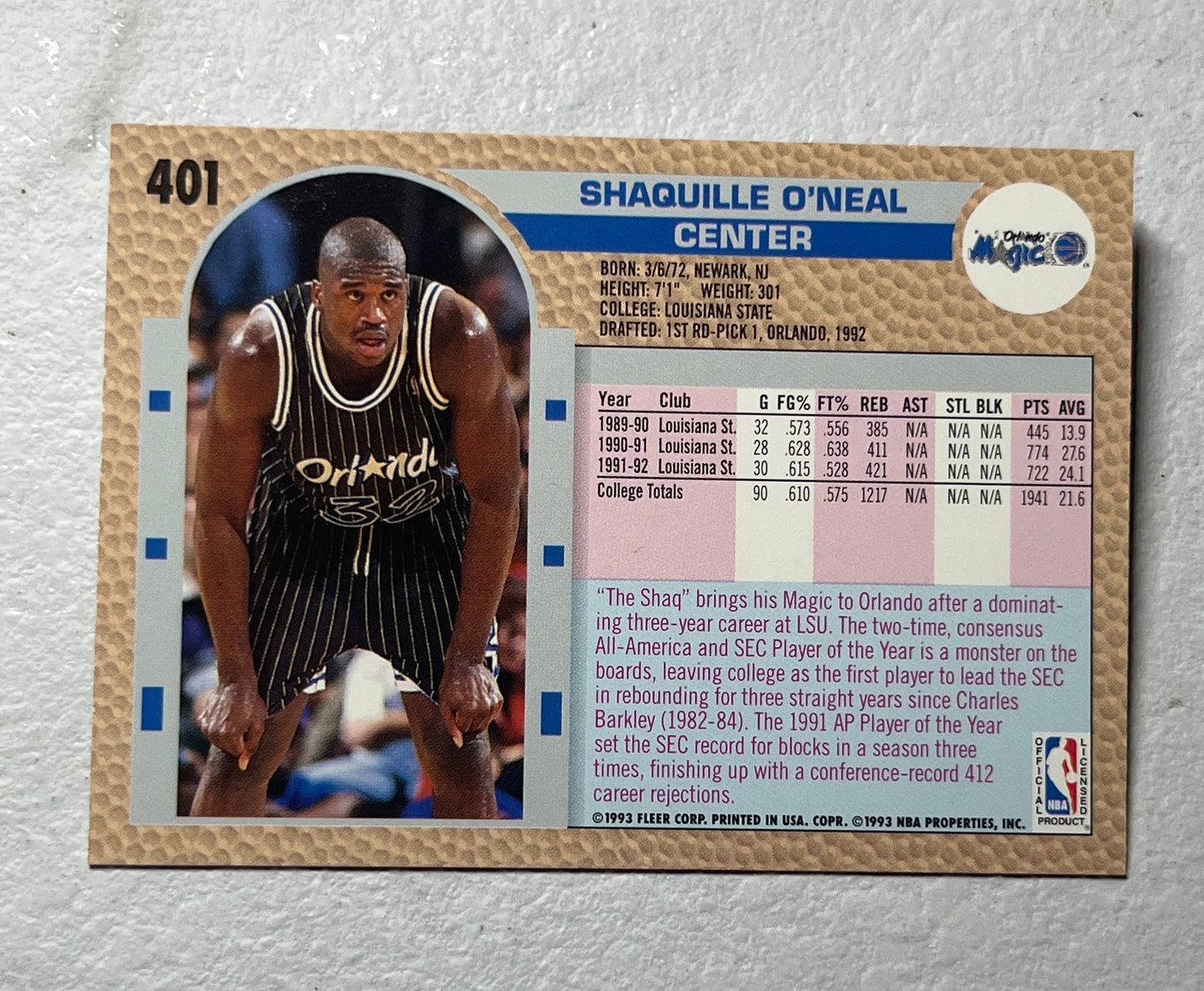 Shaquille O’Neal - 1992 Fleer Rookie card RC #401 Orlando Magic NBA