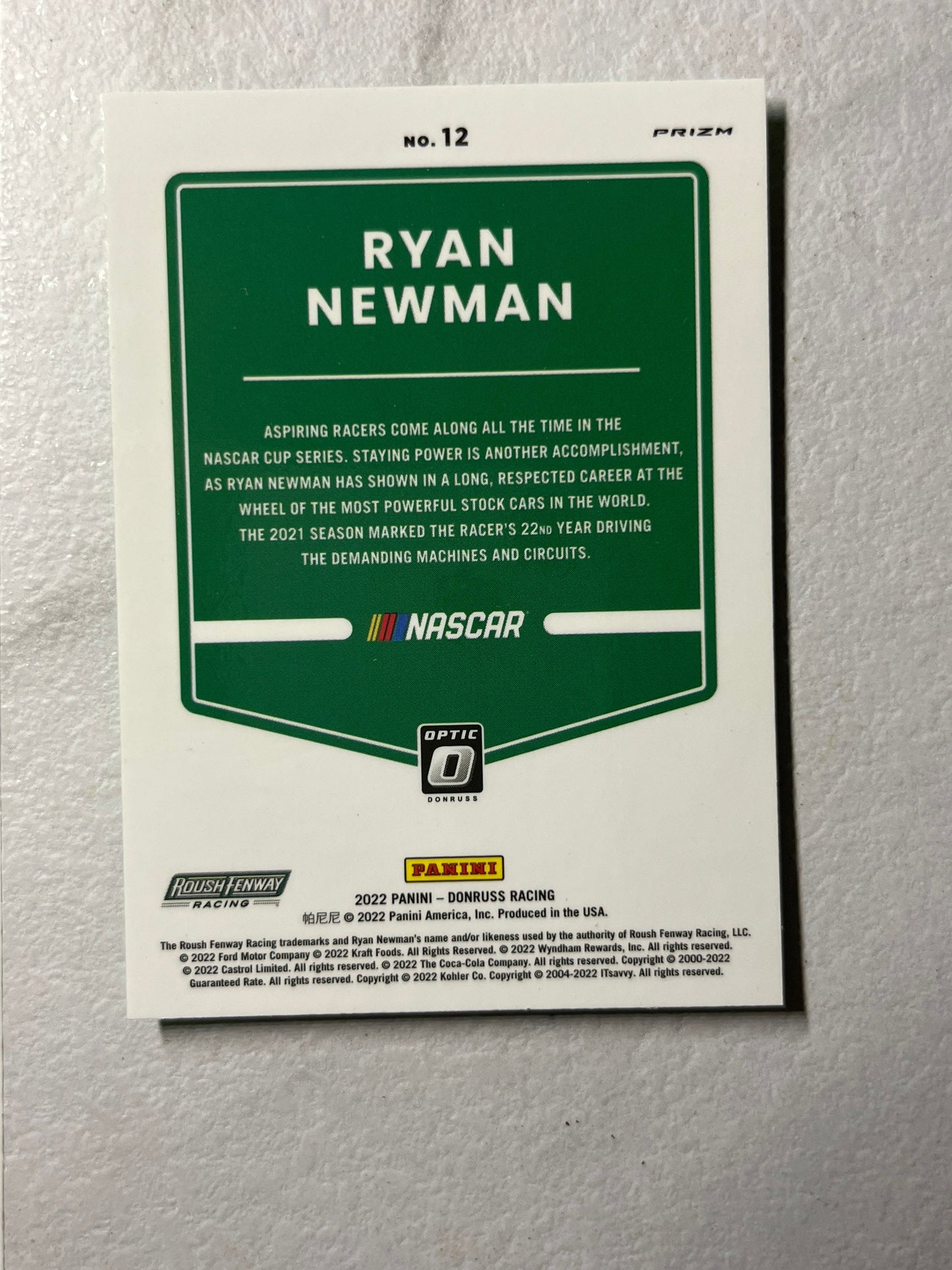 Ryan Newman - 2022 Donruss Racing LIME GREEN Pulsar Optic Prizm Variant Card