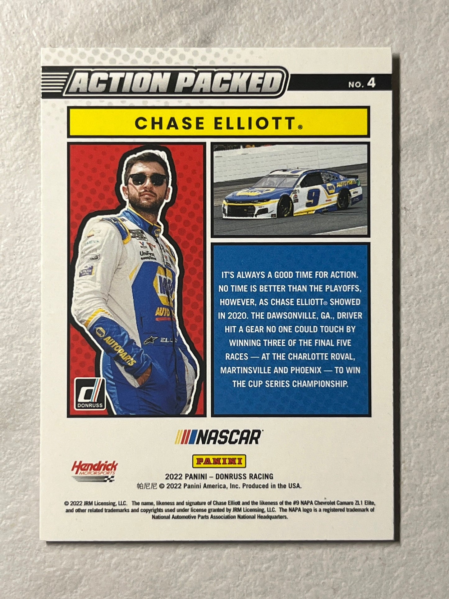 Chase Elliott - 2022 Donruss Racing ACTION PACKED bronze Insert Card NASCAR