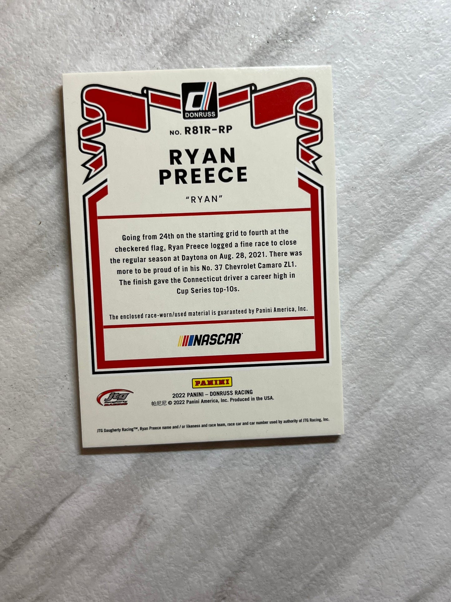 Ryan Preece - 2022 Donruss Racing NASCAR (RETRO RELIC Card) Race Day Used Tire