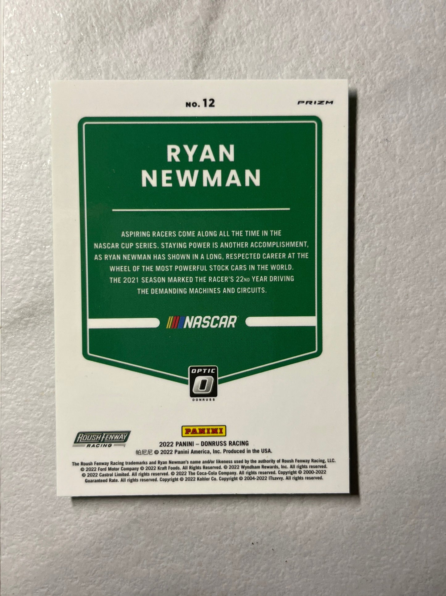 Ryan Newman - 2022 Donruss Racing LIME GREEN Pulsar Optic Prizm Variant Card