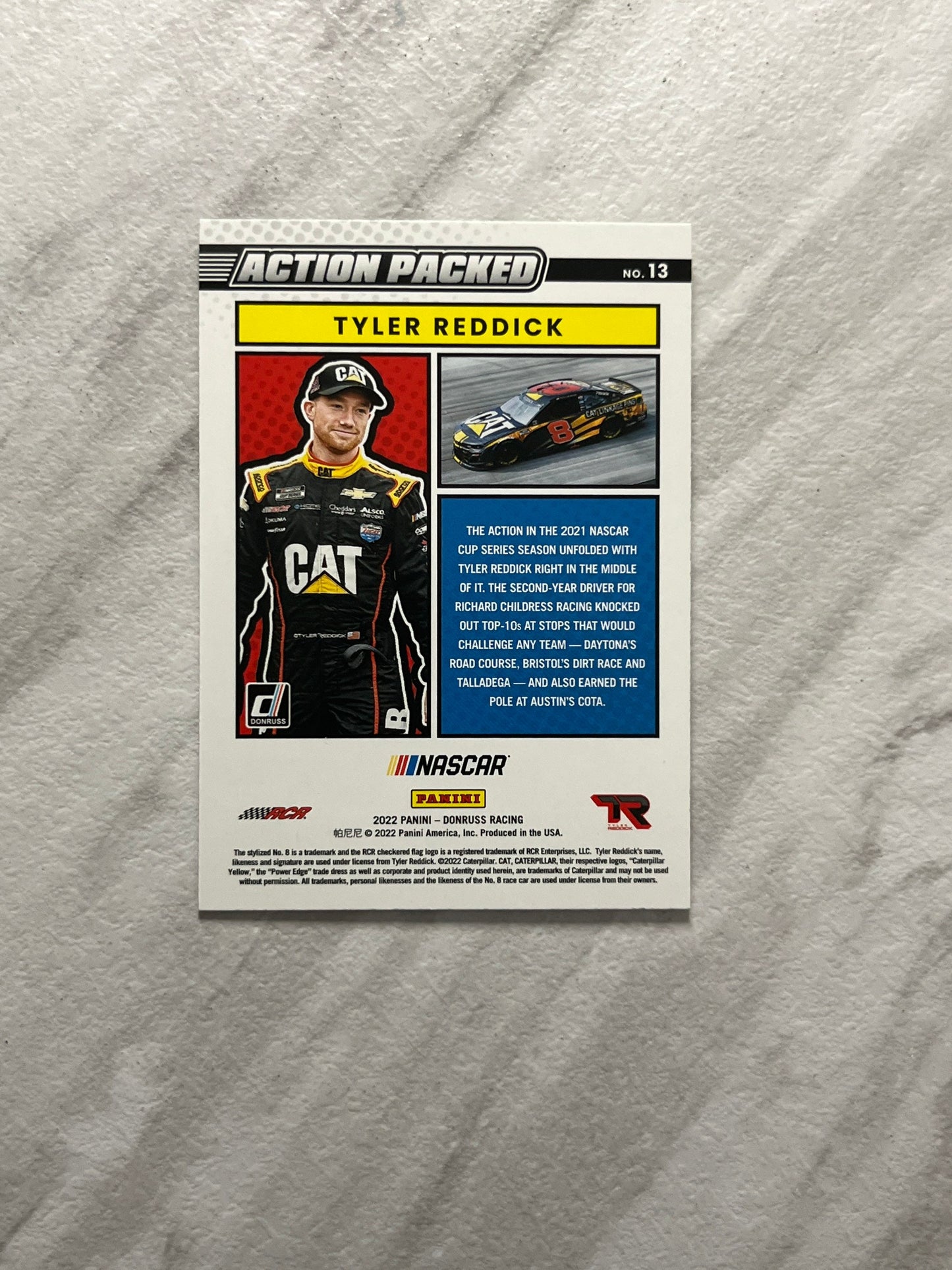 Tyler Reddick - 2022 Donruss Racing ACTION PACKED Insert Paper Card NASCAR