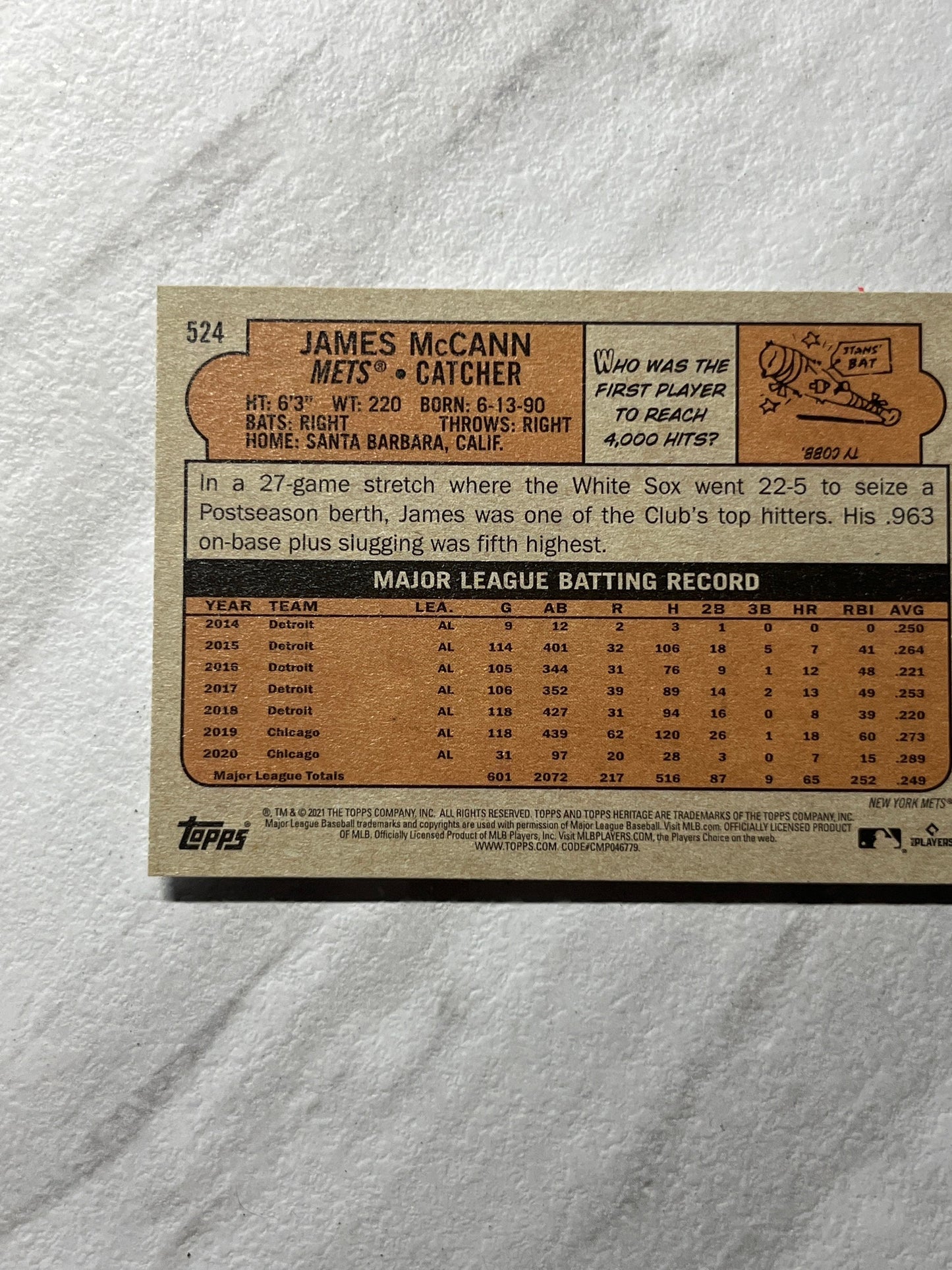 James McCann - 2021 Topps Heritage #524 New York Mets MLB baseball card