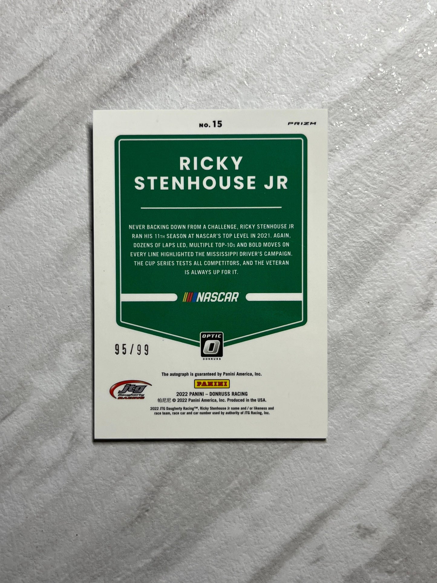 Ricky Stenhouse Jr LIMITED #95 of 99 - 2022 Donruss Racing Optic Silver Holo PRIZM Auto Autograph