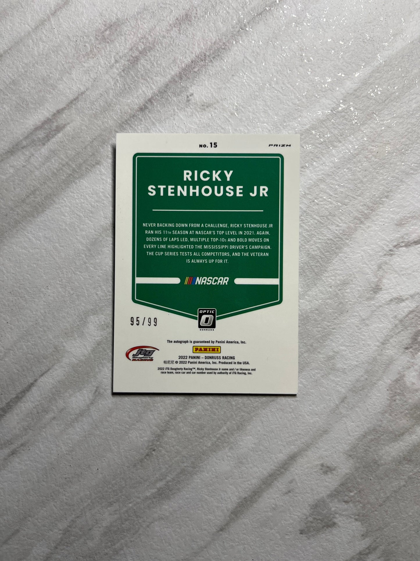 Ricky Stenhouse Jr LIMITED #95 of 99 - 2022 Donruss Racing Optic Silver Holo PRIZM Auto Autograph