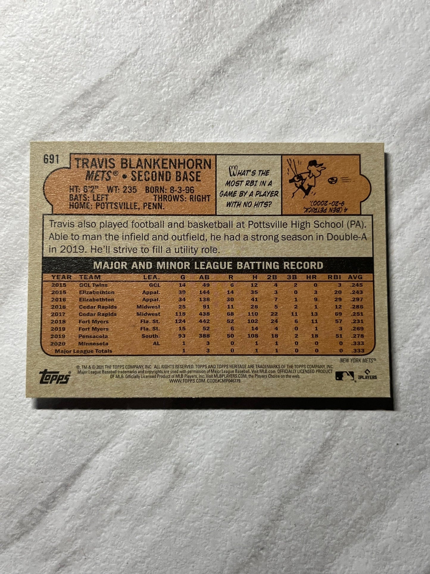 Travis Blankenhorn - 2021 Topps Heritage #691 New York Mets MLB baseball card