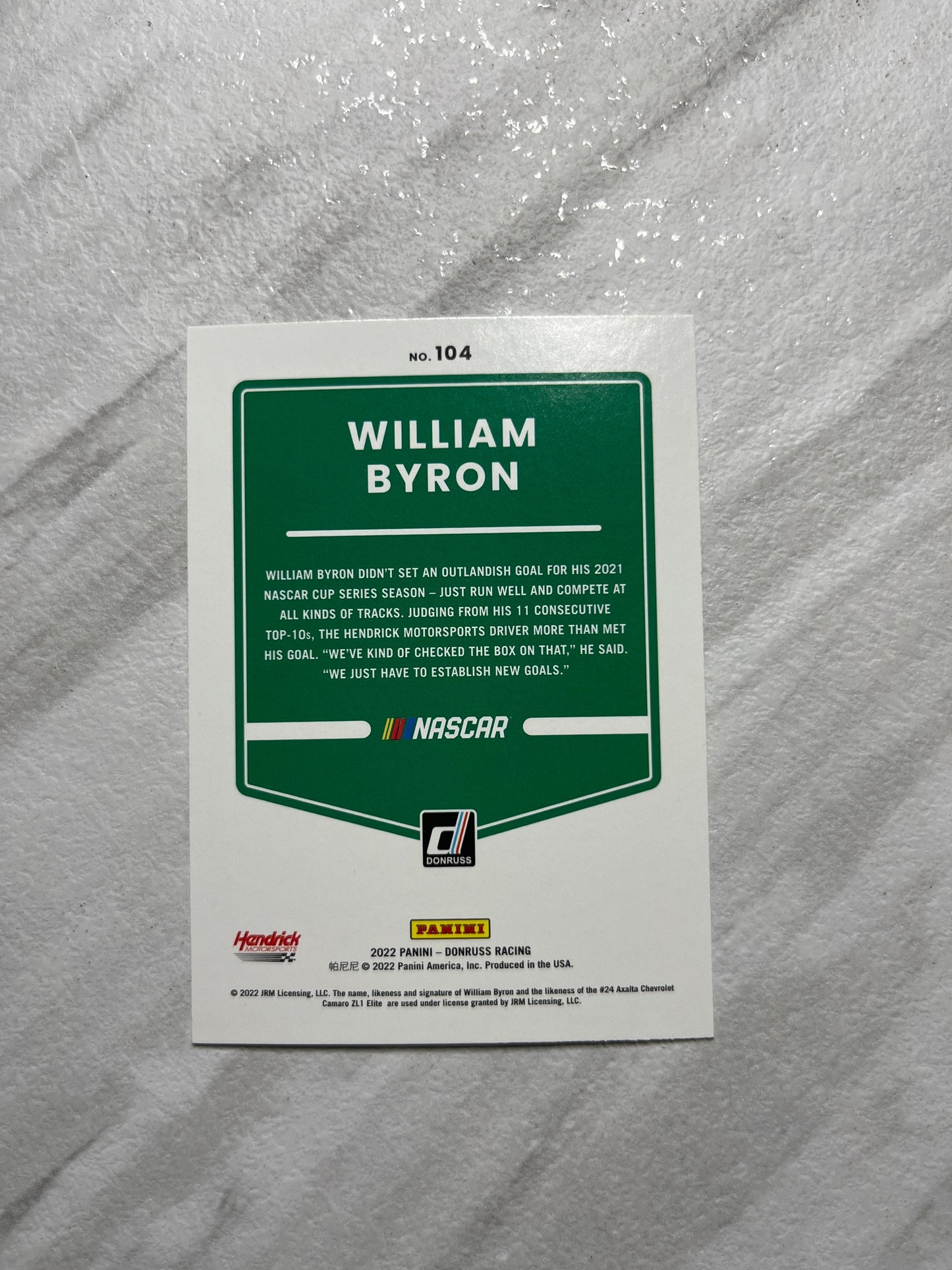 William Byron - 2022 Donruss Racing NASCAR racing card by Panini