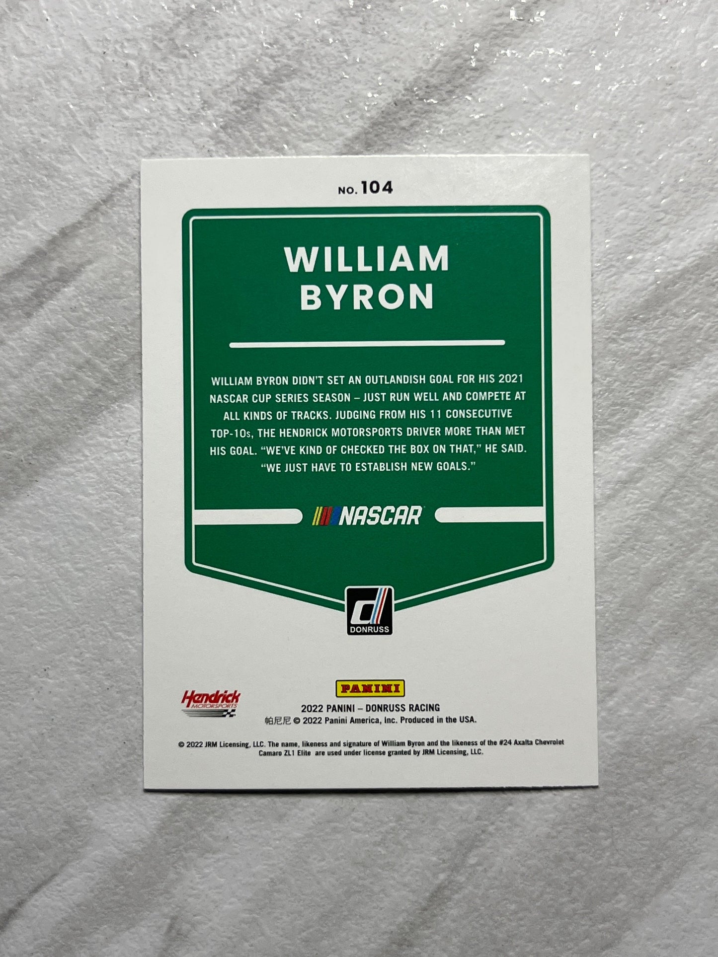 William Byron - 2022 Donruss Racing NASCAR racing card by Panini