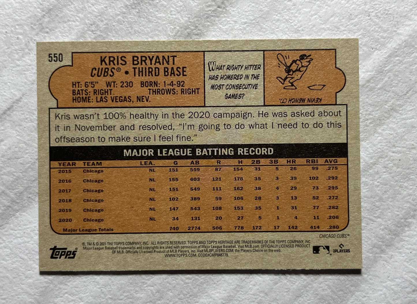 Kris Bryant - 2021 Topps Heritage #550 Chicago Cubs baseball card