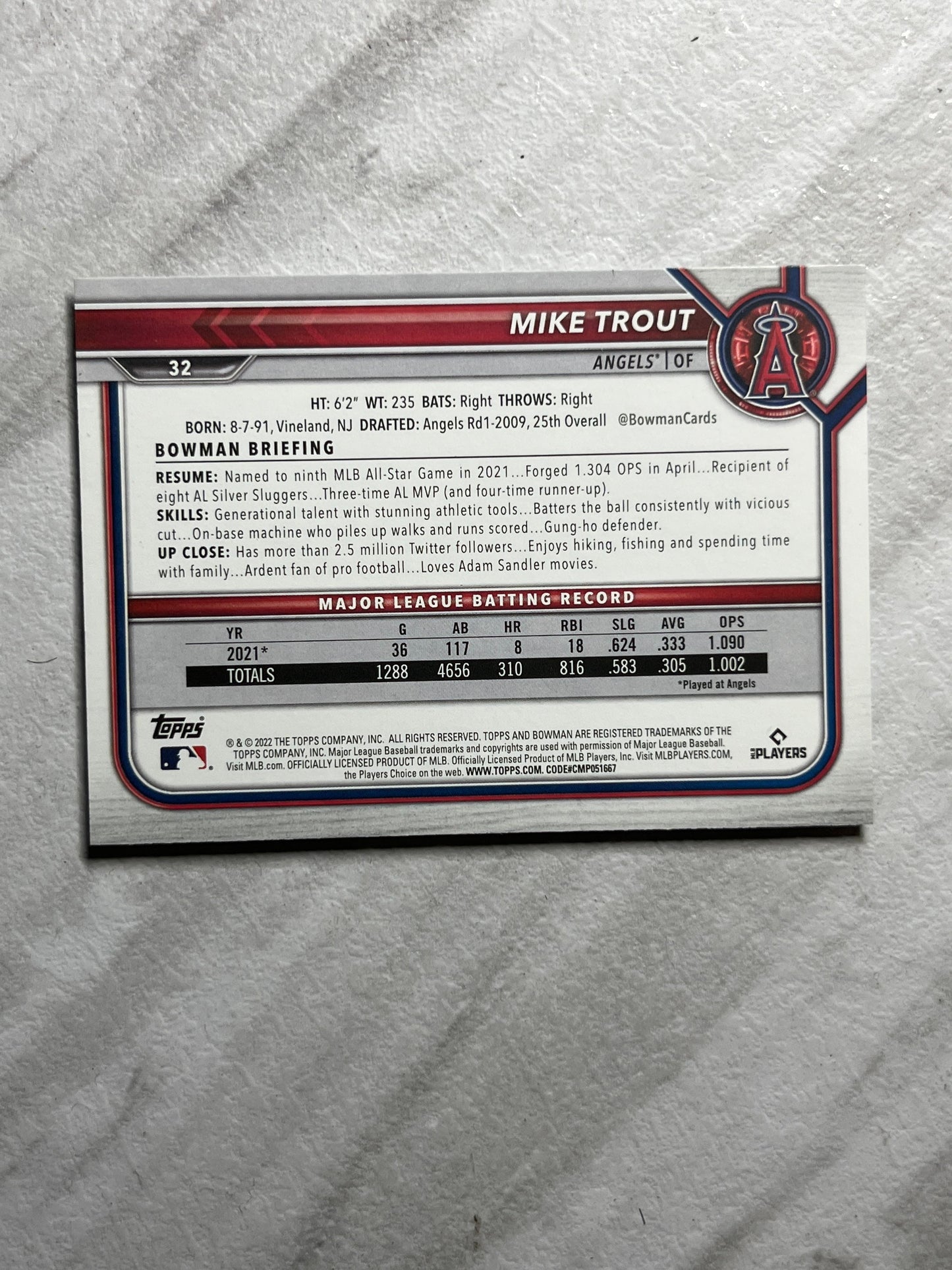 Mike Trout - 2022 Bowman Los Angeles Angels baseball card #32 MVP