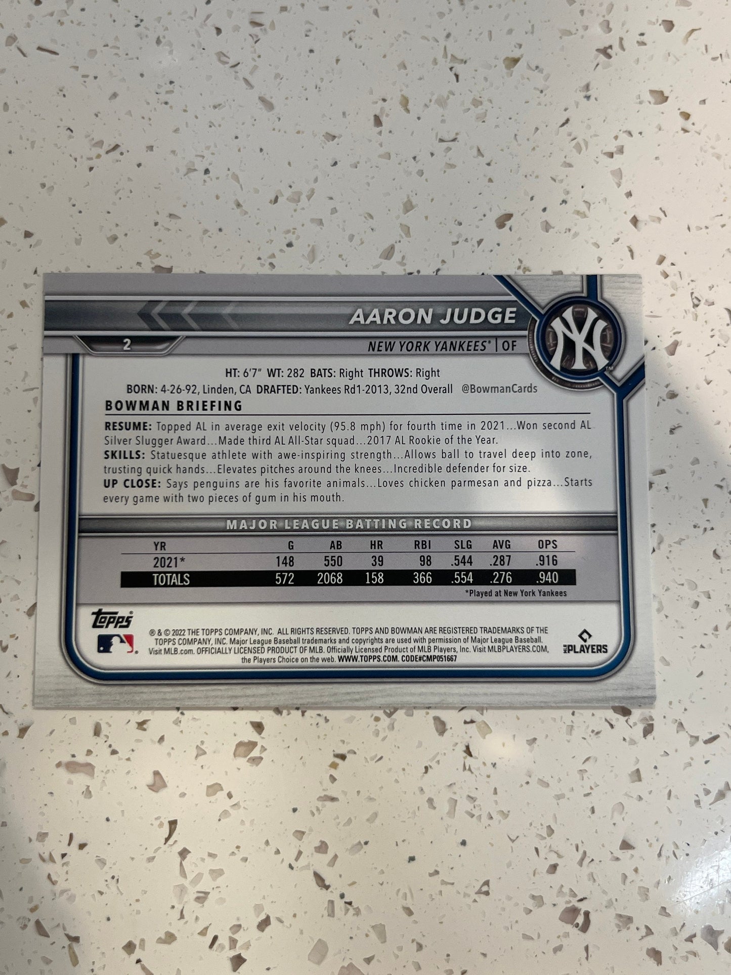 Aaron Judge - 2022 Bowman Baseball #2 New York Yankees MLB baseball card