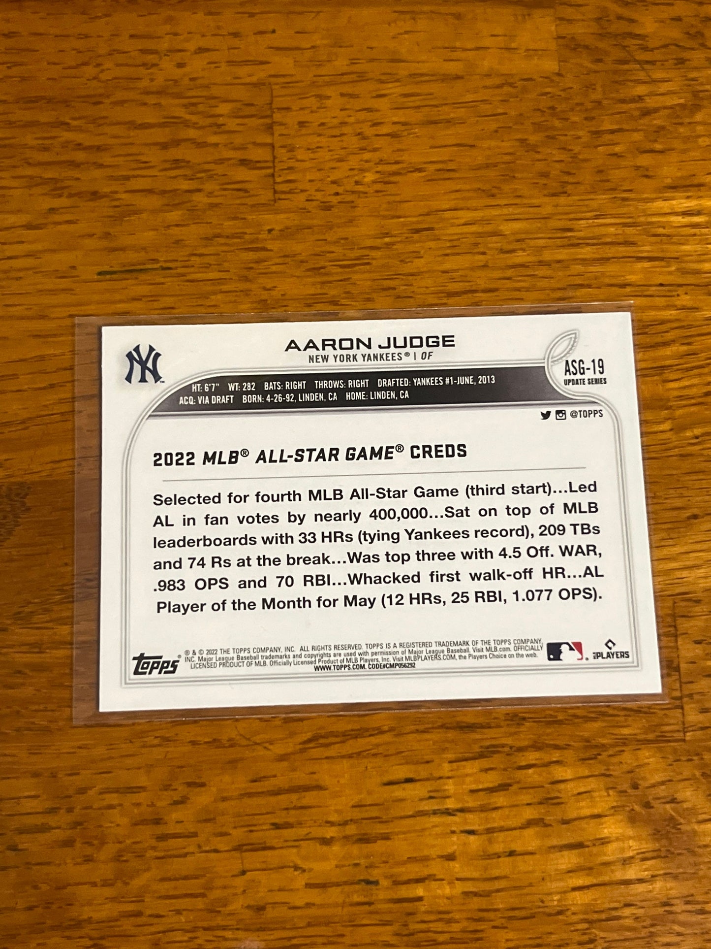 Aaron Judge - 2022 Topps updated All Star Game New York Yankees MLB baseball card