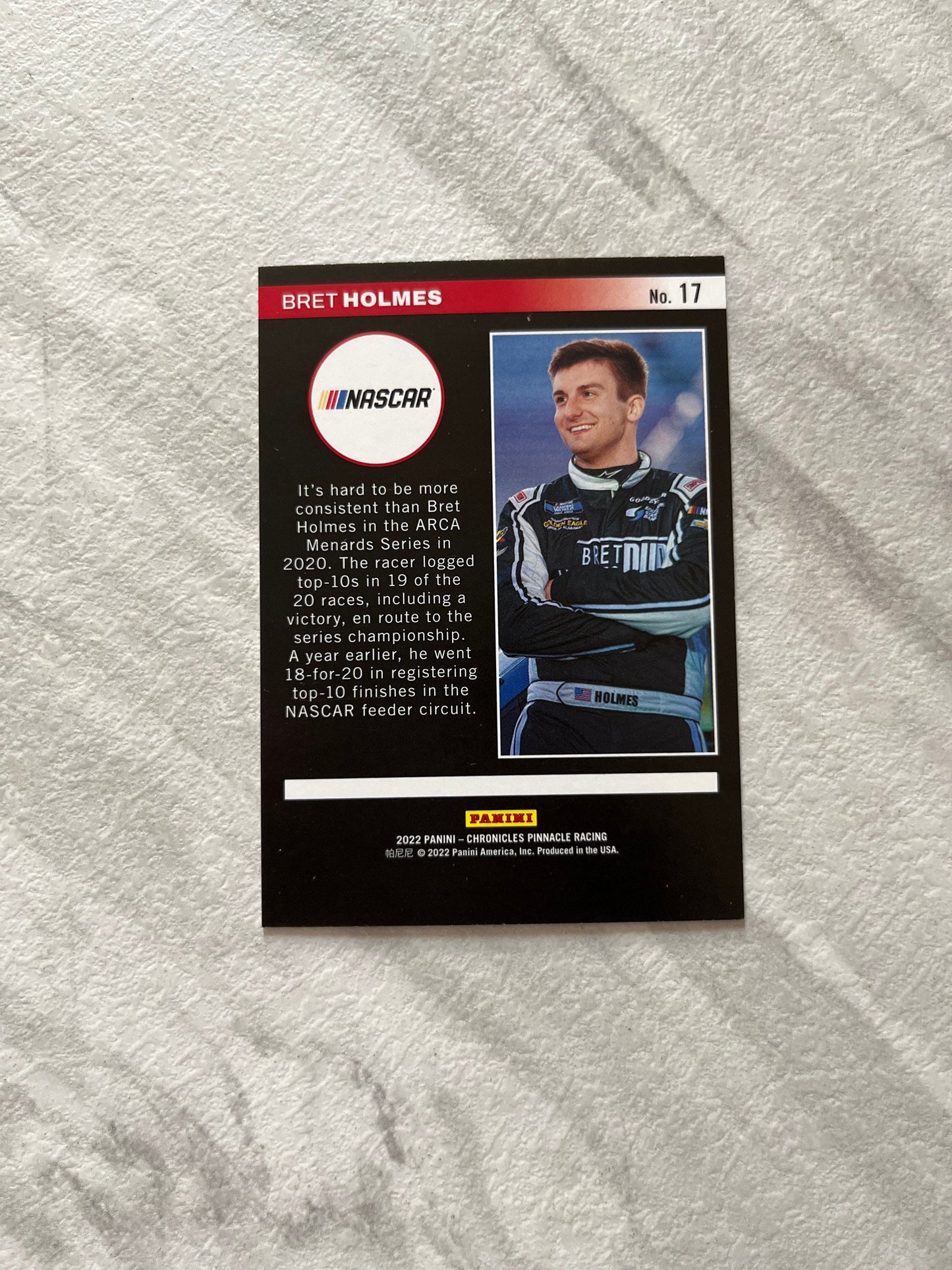 Bret Holmes - 2022 Panini Chronicles Pinnacle card #17 - NASCAR Racing cards