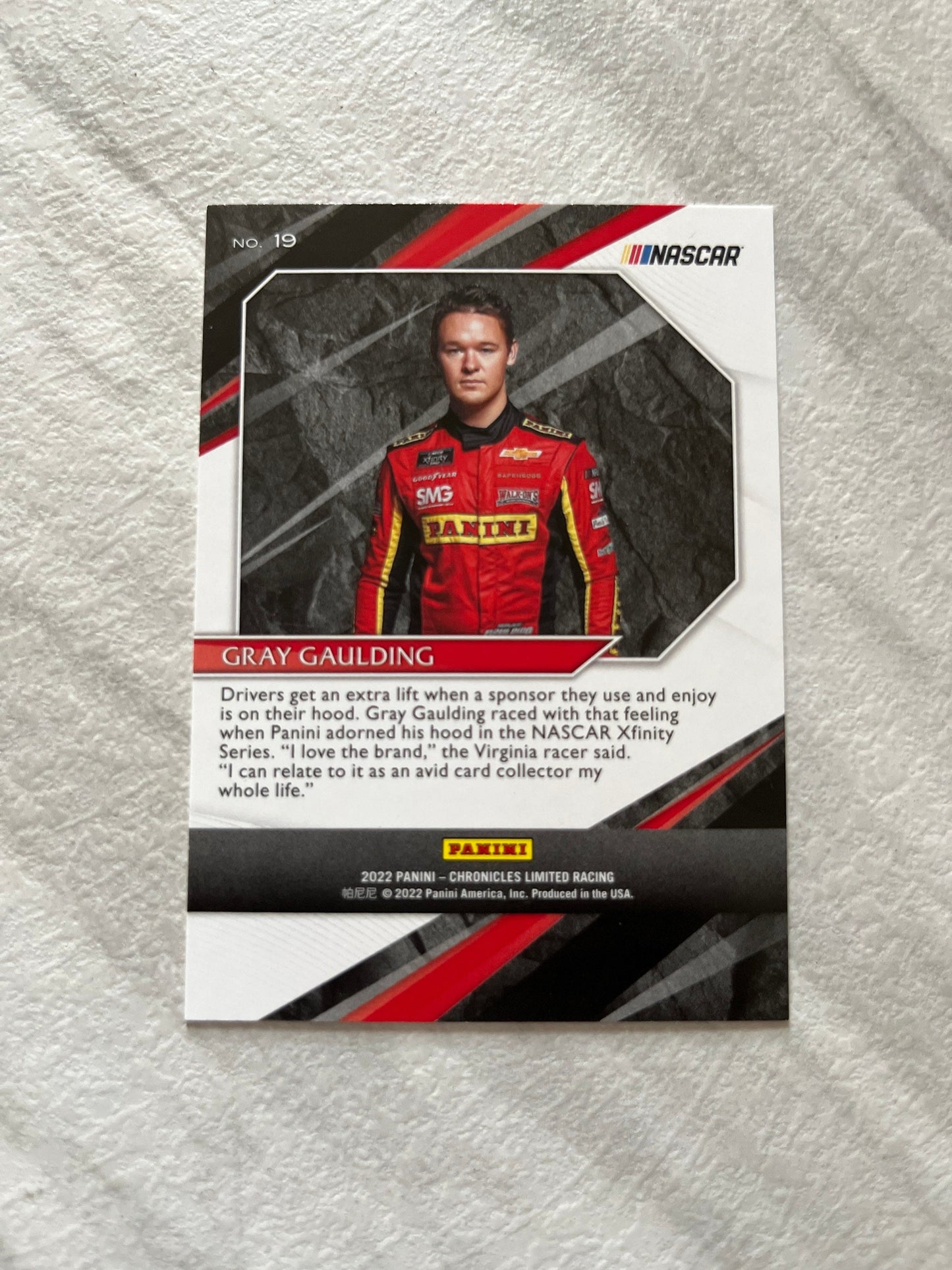 Gray Gaulding - 2022 Panini Chronicles Limited Racing card #19 NASCAR Racing