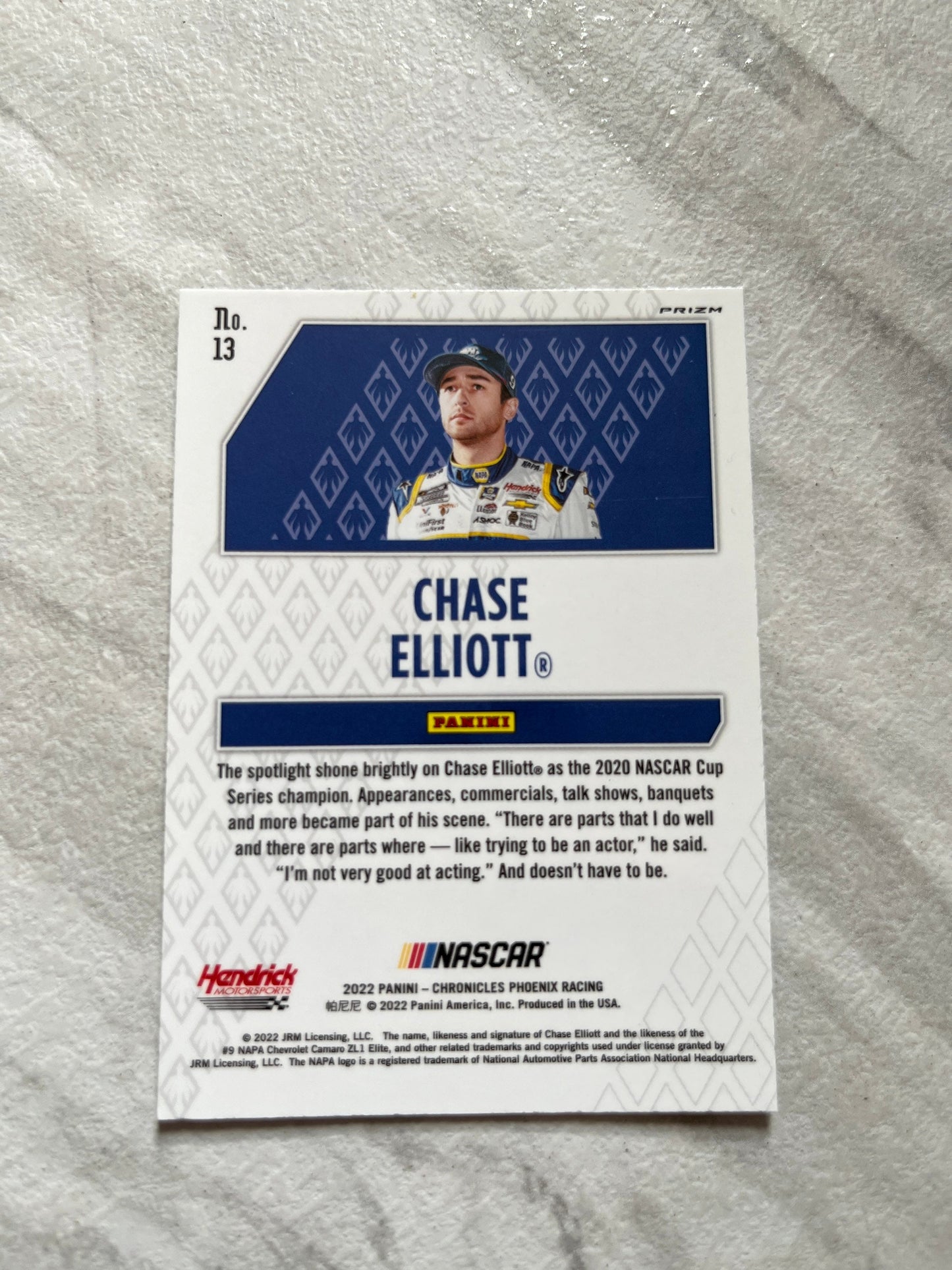 Chase Elliott - 2022 Panini Chronicles Phoenix Racing NASCAR #13 rare Green PRIZM parallel