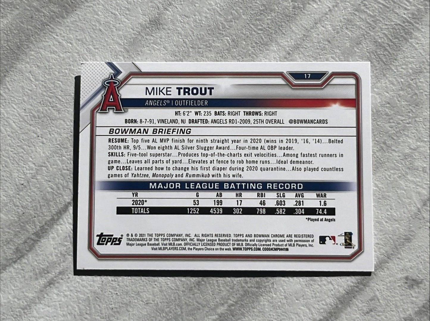 Mike Trout - 2021 Bowman Los Angeles Angels baseball card MVP