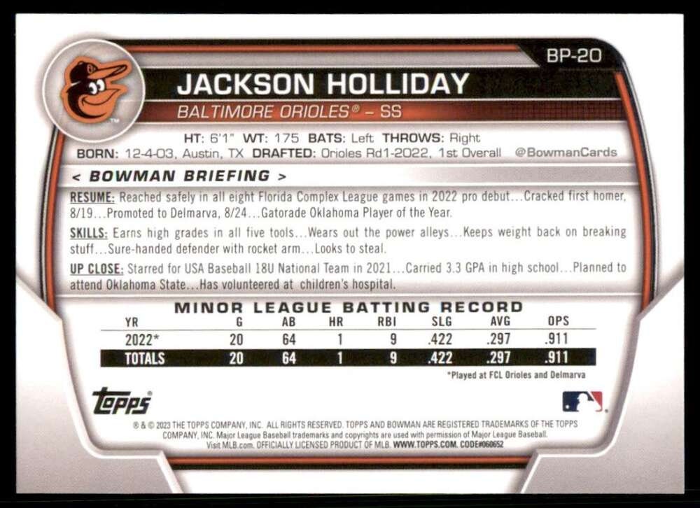 Jackson Holliday - 2023 Bowman Prospect #BP-20 Baltimore Orioles Rookie MLB Baseball card